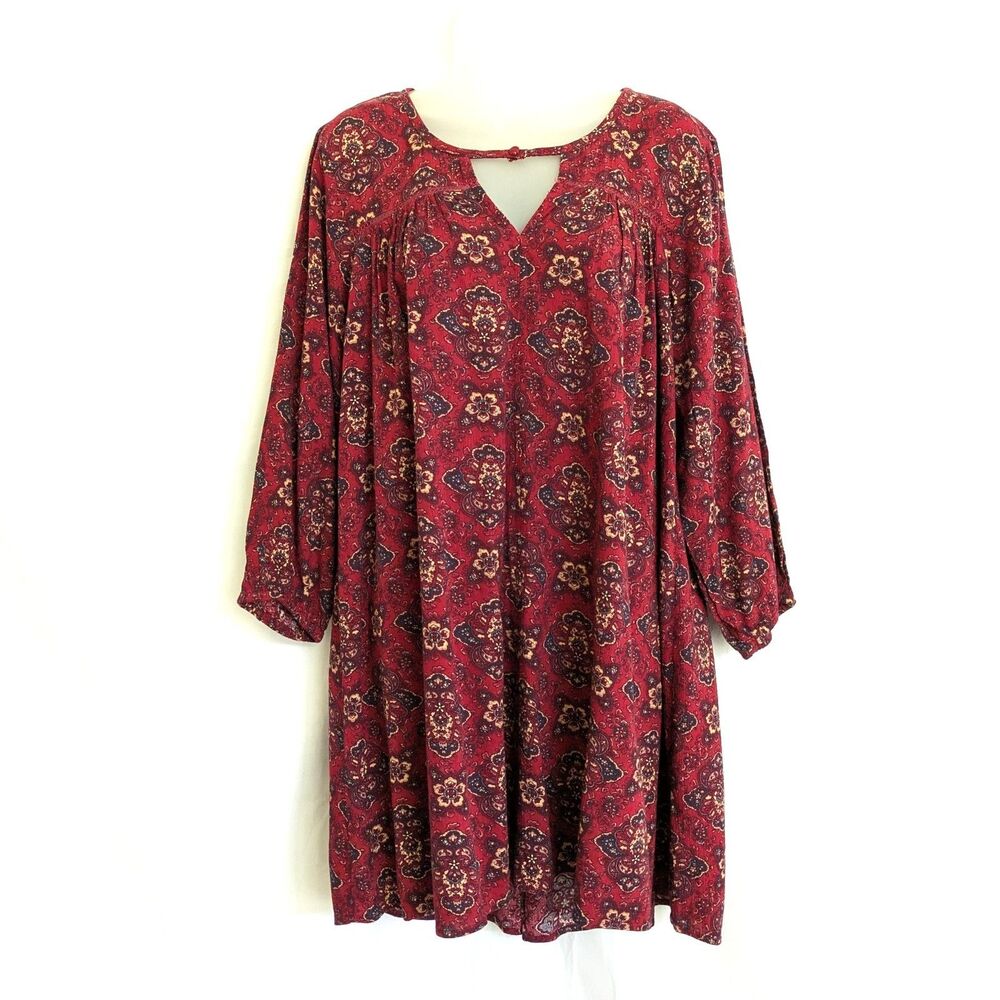 American Eagle Boho Paisley Keyhole Tunic Mini Dress Sz M Burgundy Long Sleeve